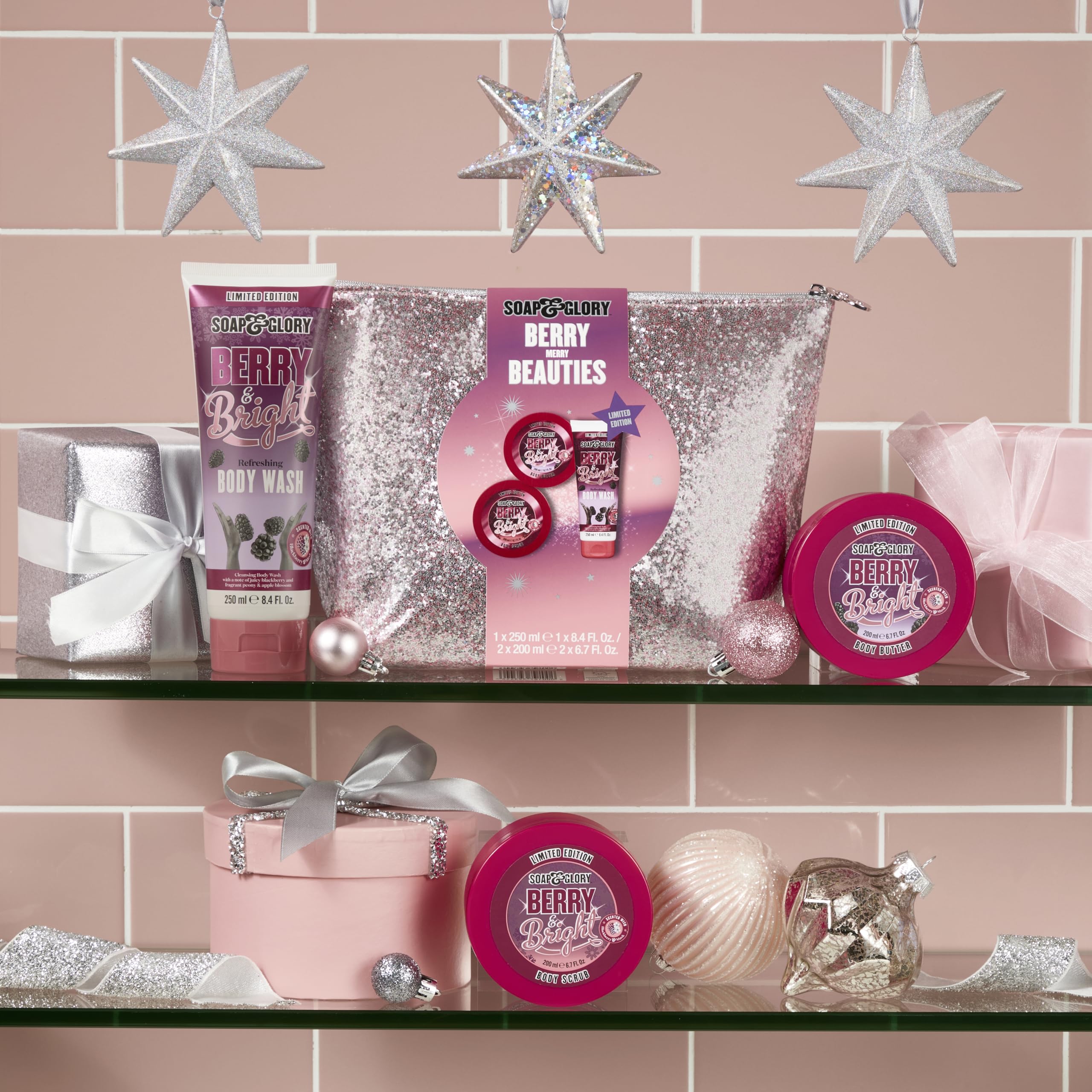 Soap & Glory Berry Merry Gift Set - Limited Edition Body Wash, Exfoliating Scrub and Body Butter - Enriched with Notes of Blackberry, Peony & Apple Blossom (3 Count)